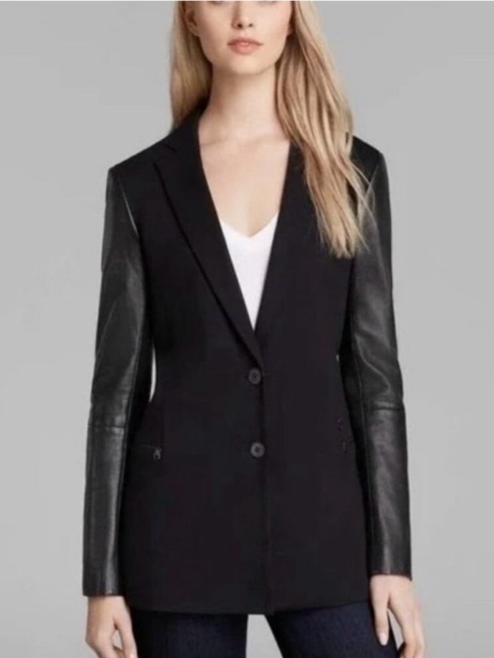 Theory Lavey K Pryor Ponte Leather Black Blazer Jacket Zip‎ Pocket Tailored  6